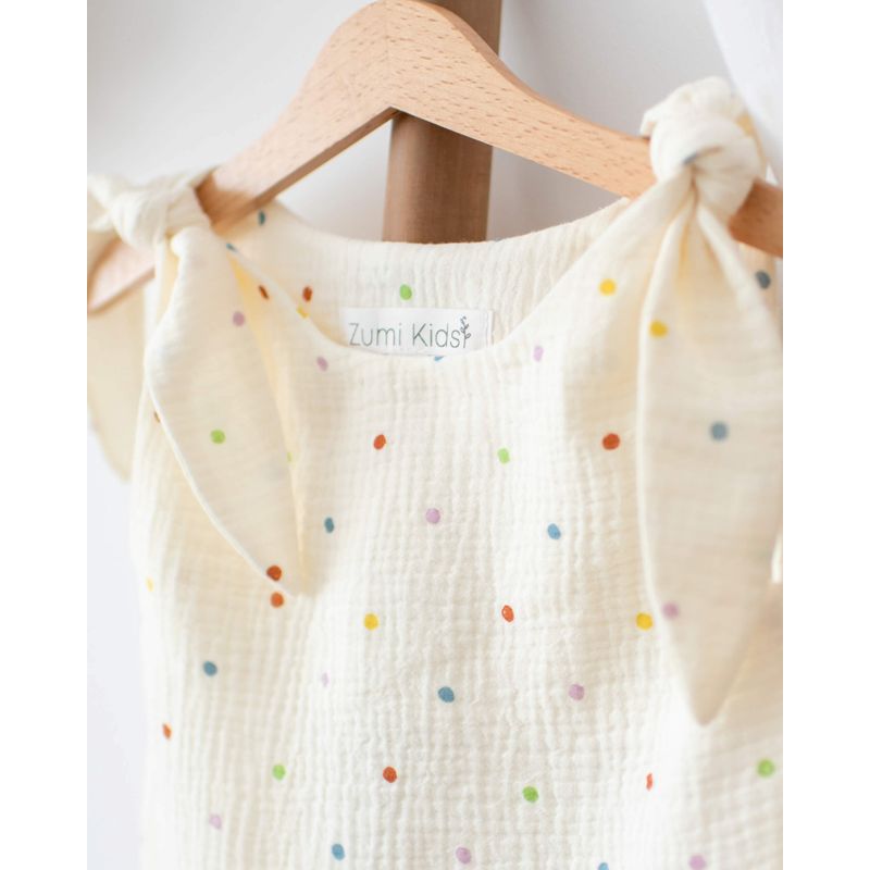 Fashion, accesorii si bijuterii - Copii - Imbracaminte copii - Rochii copii - Rochie din muselina, crem cu buline multicolore si bretele reglabile 98 cm - Infinity.ro