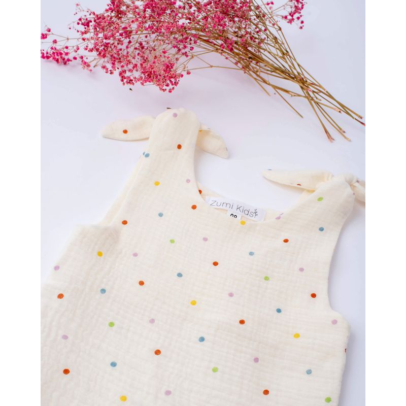 Fashion, accesorii si bijuterii - Copii - Imbracaminte copii - Rochii copii - Rochie din muselina, crem cu buline multicolore si bretele reglabile 98 cm - Infinity.ro