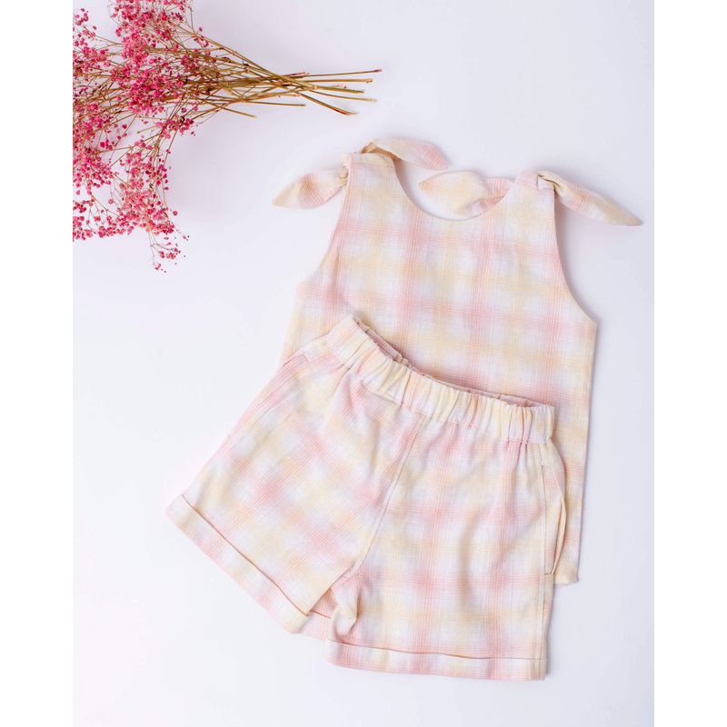 Fashion, accesorii si bijuterii - Copii - Imbracaminte copii - Treninguri si compleuri copii - Compleu de vara, din in, cu bluza cu bretele si pantaloni scurti 92 cm - Infinity.ro