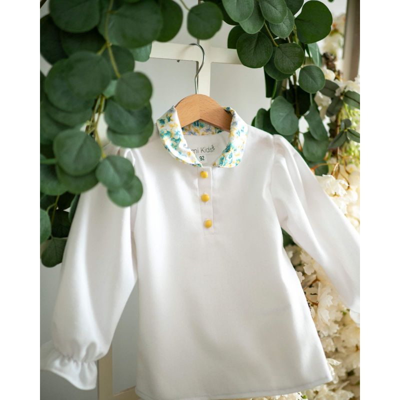 Fashion, accesorii si bijuterii - Copii - Imbracaminte copii - Bluze si camasi copii - Bluza din in cu maneca lunga bufanta si guler cu imprimeu floral albastru 104 cm - Infinity.ro