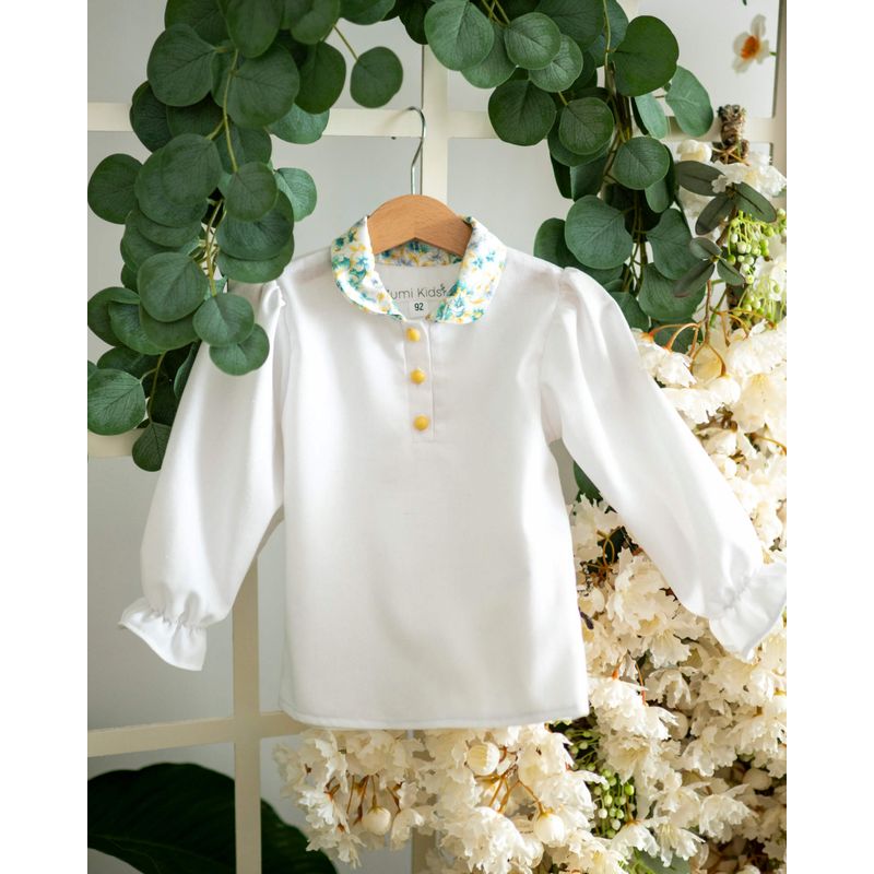 Fashion, accesorii si bijuterii - Copii - Imbracaminte copii - Bluze si camasi copii - Bluza din in cu maneca lunga bufanta si guler cu imprimeu floral albastru 104 cm - Infinity.ro