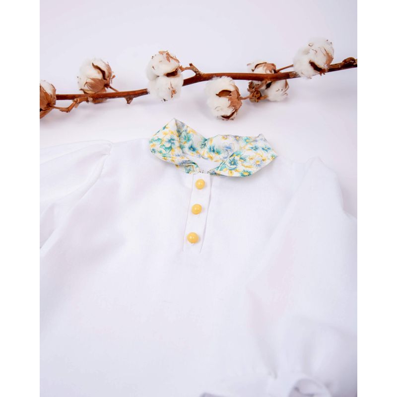 Fashion, accesorii si bijuterii - Copii - Imbracaminte copii - Bluze si camasi copii - Bluza din in cu maneca lunga bufanta si guler cu imprimeu floral albastru 104 cm - Infinity.ro