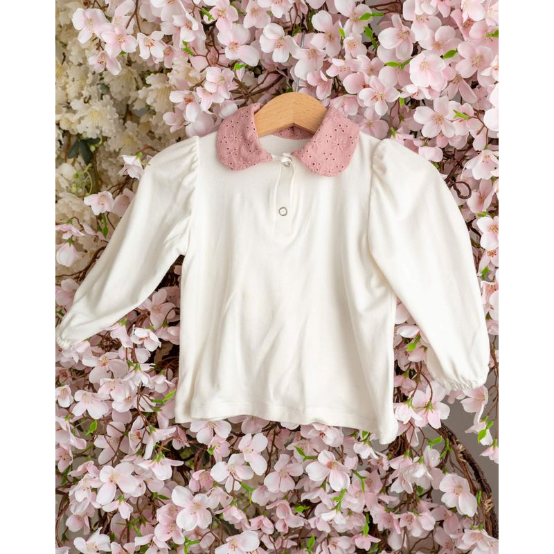 Fashion, accesorii si bijuterii - Copii - Imbracaminte copii - Bluze si camasi copii - Bluza din jersey de bumbac cu guler roz pudat din bumbac dantelat 92 cm - Infinity.ro