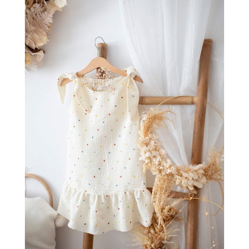 Fashion, accesorii si bijuterii - Copii - Imbracaminte copii - Rochii copii - Rochie din muselina, crem cu buline multicolore si bretele reglabile 104 cm - Infinity.ro
