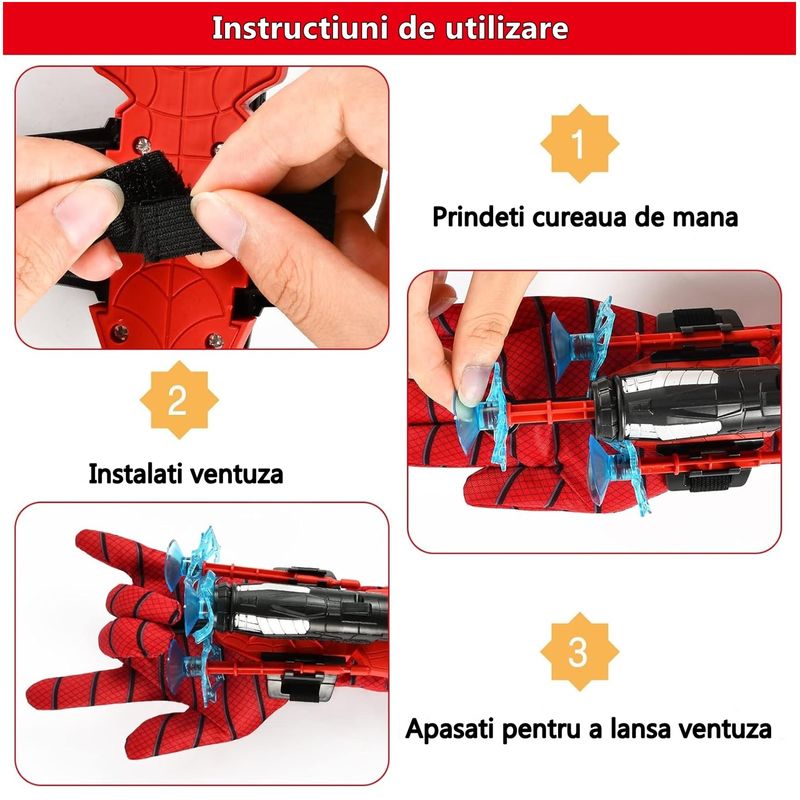 Jucarii, Copii si Bebe - Jucarii si jocuri - Jucarii de rol - Masti si costume copii - Set doua manusi lansator Spiderman cu ventuze KidMania® pentru copii - Infinity.ro