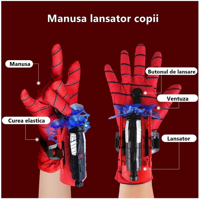 Jucarii, Copii si Bebe - Jucarii si jocuri - Jucarii de rol - Masti si costume copii - Set doua manusi lansator Spiderman cu ventuze KidMania® pentru copii - Infinity.ro