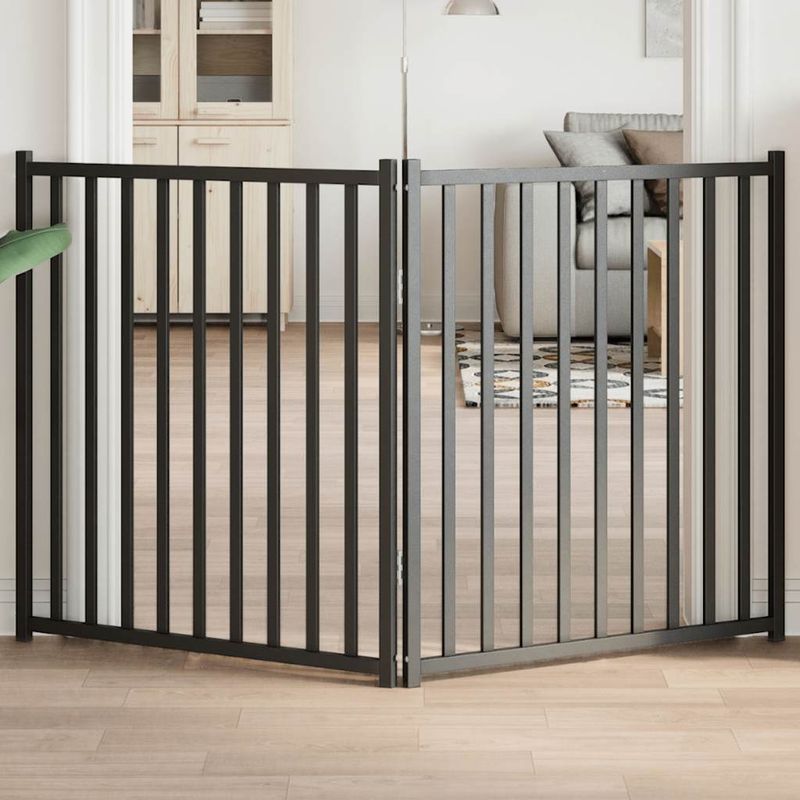 Petshop - Accesorii petshop - Culcusuri si custi - Usi animale - Poarta pentru caini pliabila 2 panouri negru, 160 cm, lemn brad, mărime 80x90x2 cm - Infinity.ro