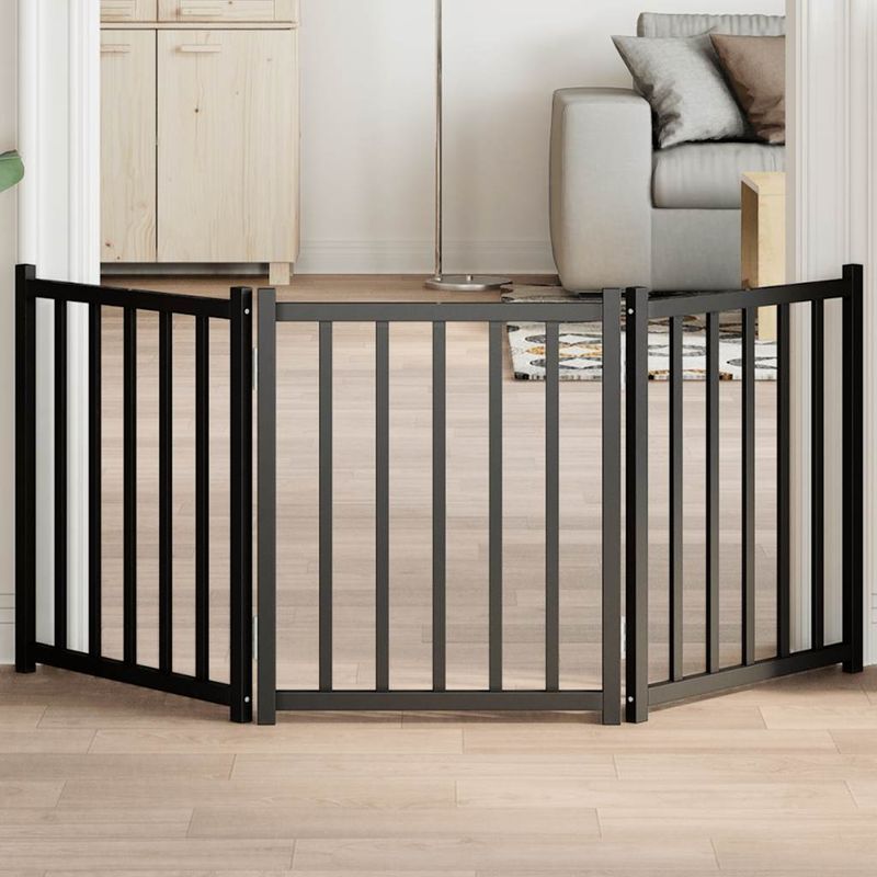 Petshop - Accesorii petshop - Culcusuri si custi - Tarcuri si colivii - Poarta pentru caini pliabila 3 panouri negru, 150 cm, lemn brad, mărime 50x60x2 cm - Infinity.ro