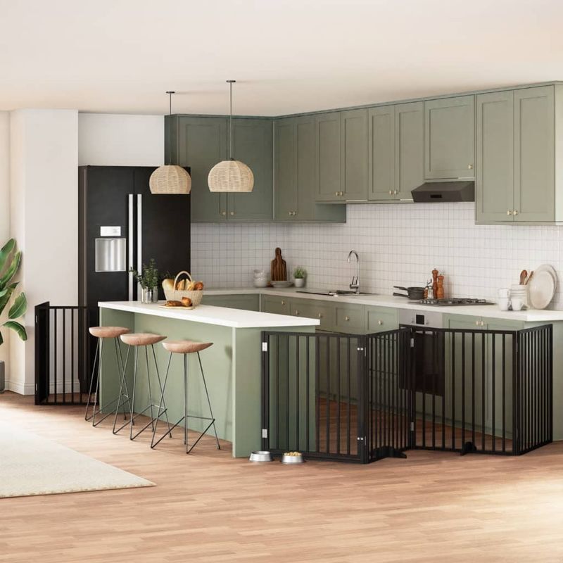 Petshop - Accesorii petshop - Culcusuri si custi - Custi interior si exterior - Poarta caini pliabila cu usa 10 panouri negru 800 cm, lemn plop - Infinity.ro