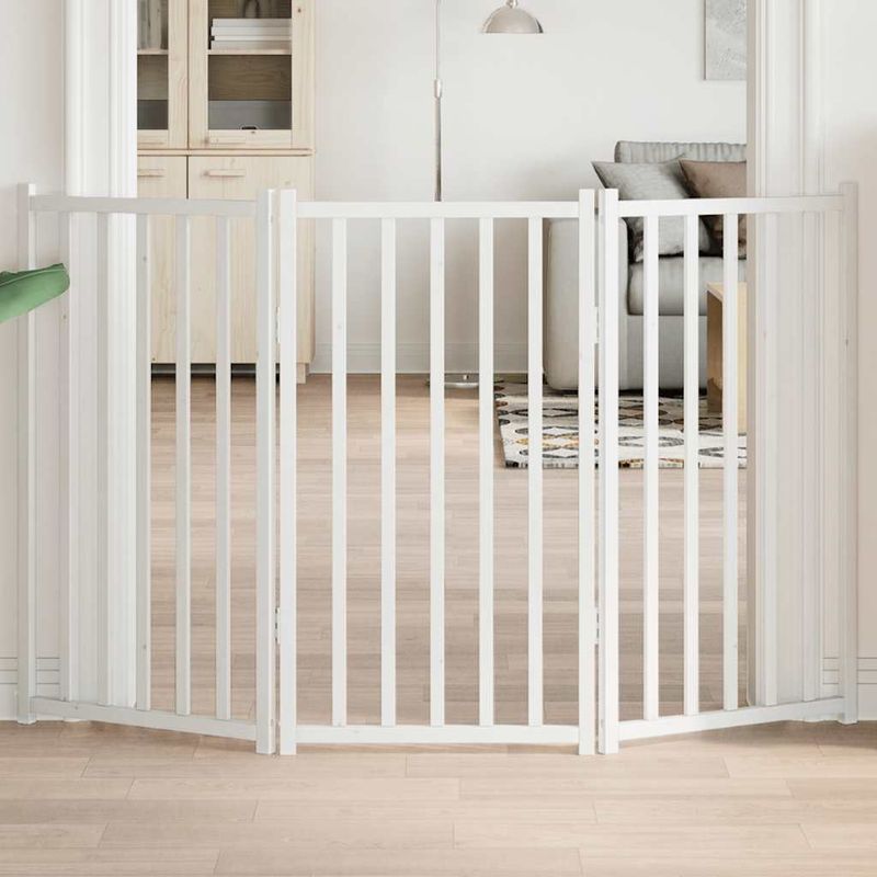 Petshop - Accesorii petshop - Culcusuri si custi - Custi interior si exterior - Poarta pentru caini pliabila 3 panouri, alb, 150 cm, lemn brad, mărime 50x90x2 cm - Infinity.ro