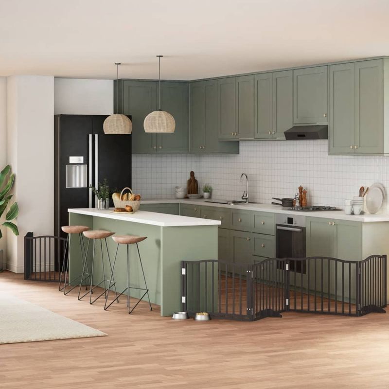 Petshop - Accesorii petshop - Culcusuri si custi - Custi interior si exterior - Poarta caini pliabila cu usa 6 panouri negru, 480 cm, lemn plop - Infinity.ro