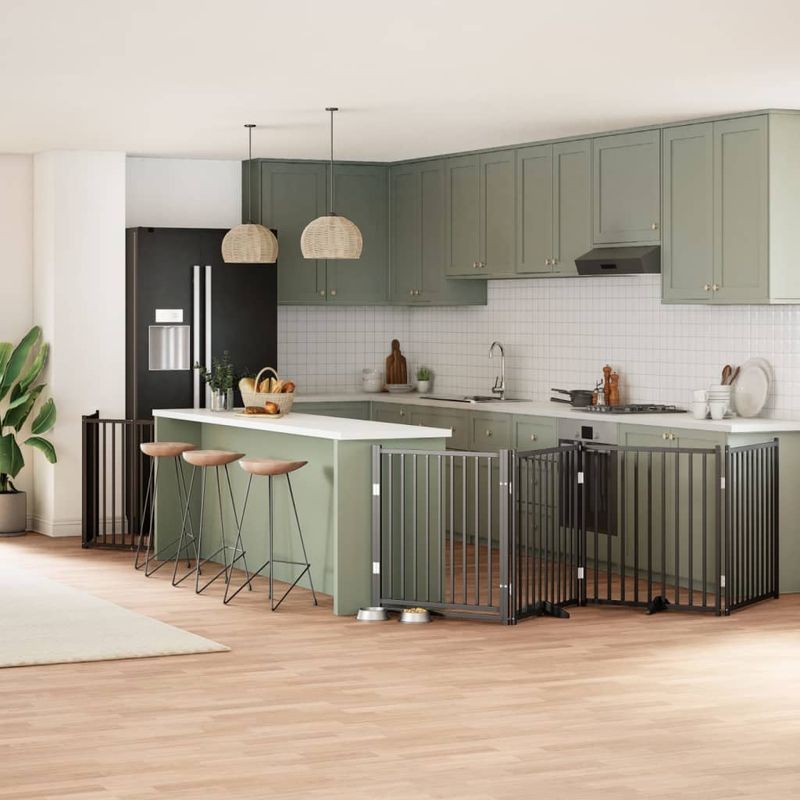 Petshop - Accesorii petshop - Culcusuri si custi - Custi interior si exterior - Poarta caini pliabila cu usa 10 panouri negru 800 cm, lemn plop - Infinity.ro