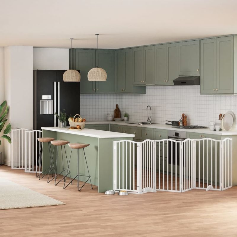 Petshop - Accesorii petshop - Culcusuri si custi - Custi interior si exterior - Poarta caini pliabila cu usa 15 panouri, alb, 750 cm, lemn plop - Infinity.ro