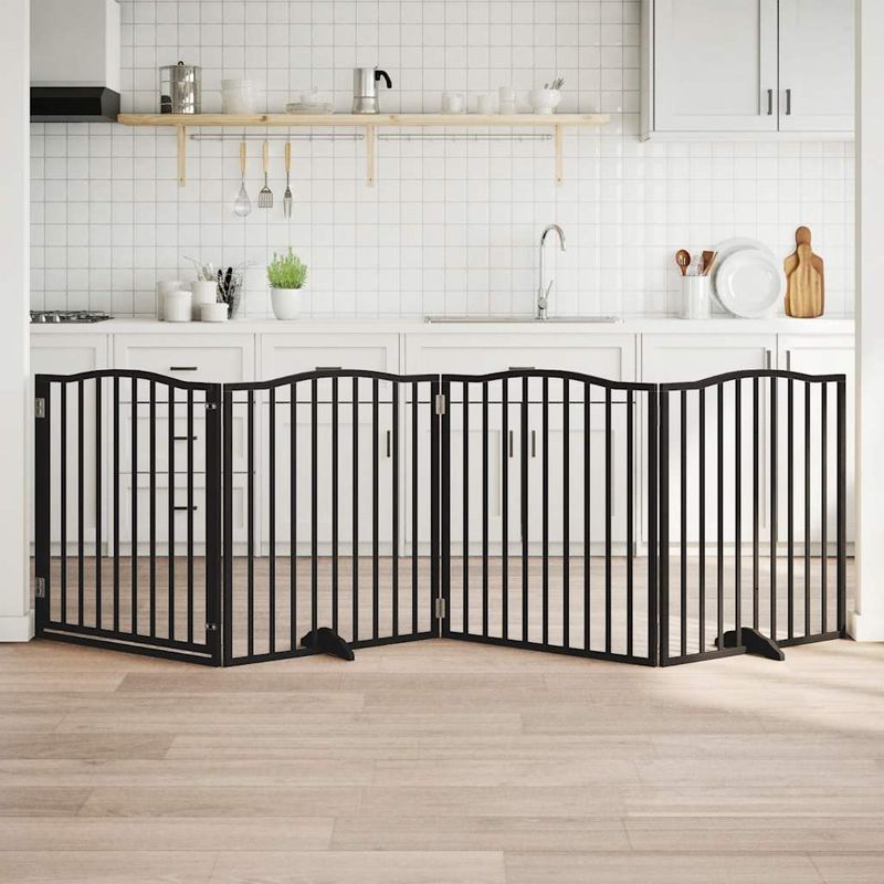 Petshop - Accesorii petshop - Culcusuri si custi - Custi interior si exterior - Poarta caini pliabila cu usa 4 panouri negru, 320 cm, lemn plop - Infinity.ro