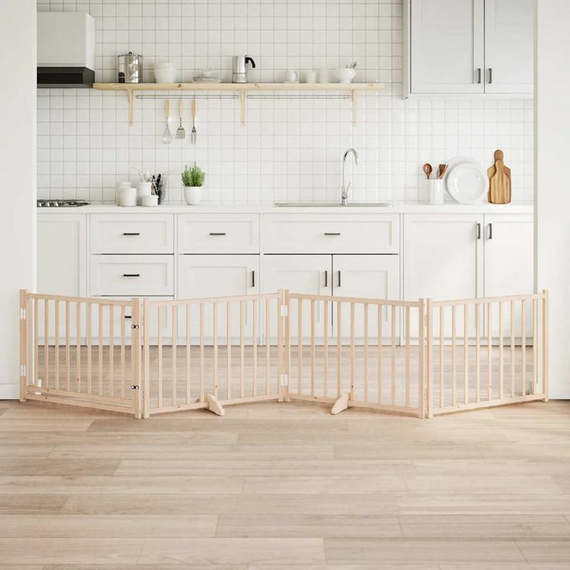 Petshop - Accesorii petshop - Culcusuri si custi - Custi interior si exterior - Poarta caini pliabila cu usa 4 panouri, 320 cm, lemn masiv brad, mărime 80x60x2 cm - Infinity.ro