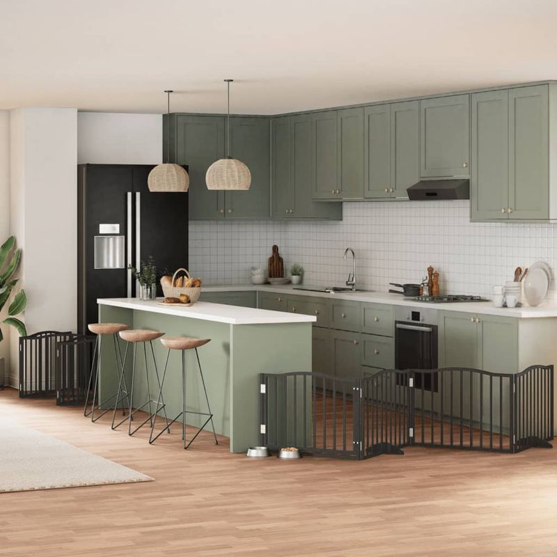 Petshop - Accesorii petshop - Culcusuri si custi - Custi interior si exterior - Poarta caini pliabila cu usa 10 panouri negru 800 cm, lemn plop - Infinity.ro