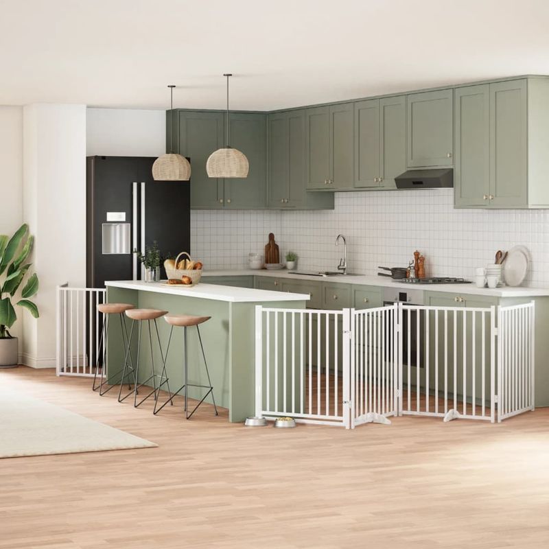 Petshop - Accesorii petshop - Culcusuri si custi - Custi interior si exterior - Poarta caini pliabila cu usa 8 panouri, alb, 640 cm, lemn plop - Infinity.ro