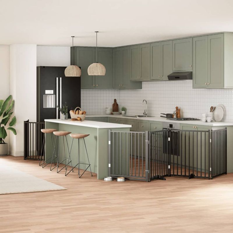 Petshop - Accesorii petshop - Culcusuri si custi - Custi interior si exterior - Poarta caini pliabila cu usa 6 panouri negru, 480 cm, lemn plop - Infinity.ro