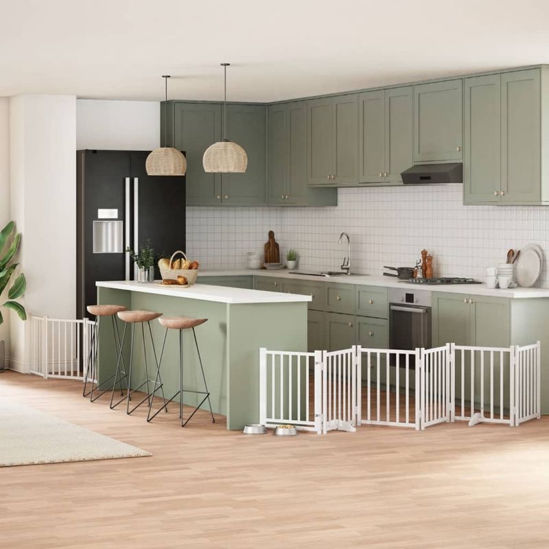 Petshop - Accesorii petshop - Culcusuri si custi - Custi interior si exterior - Poarta caini pliabila cu usa, 9 panouri, alb, 450 cm, lemn plop - Infinity.ro