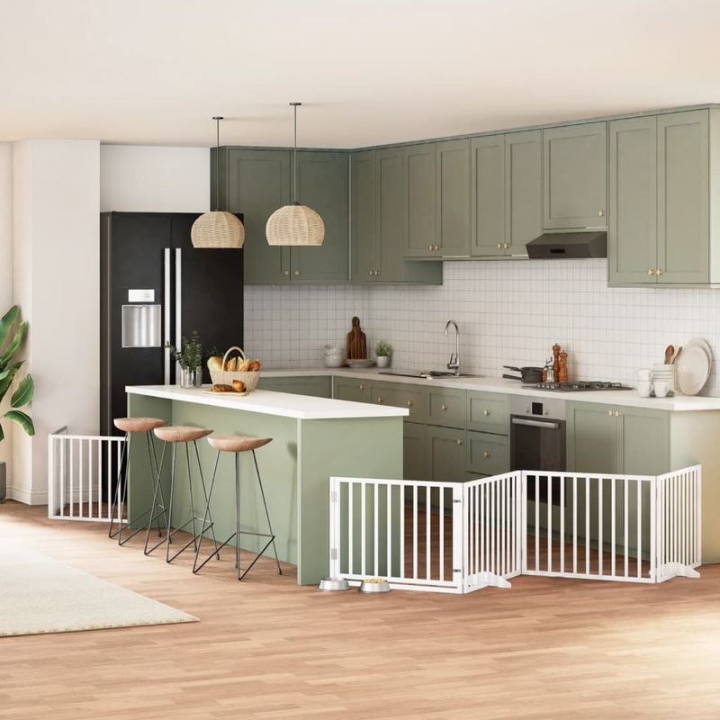 Petshop - Accesorii petshop - Culcusuri si custi - Custi interior si exterior - Poarta caini pliabila cu usa 10 panouri, alb, 800 cm, lemn plop - Infinity.ro