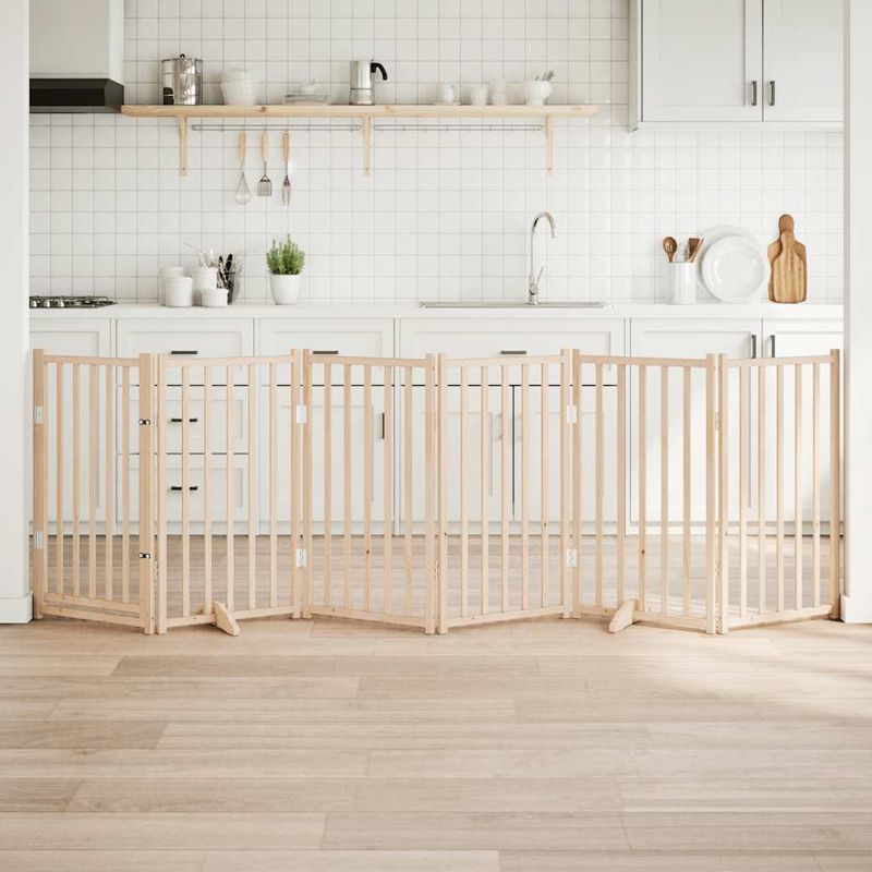 Petshop - Accesorii petshop - Culcusuri si custi - Custi interior si exterior - Poarta de caini pliabila cu usa, 6 panouri, 300 cm, lemn brad, mărime 50x90x2 cm - Infinity.ro