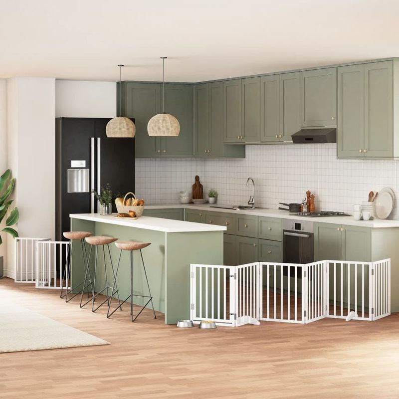 Petshop - Accesorii petshop - Culcusuri si custi - Custi interior si exterior - Poarta caini pliabila cu usa, 9 panouri, alb, 450 cm, lemn plop - Infinity.ro