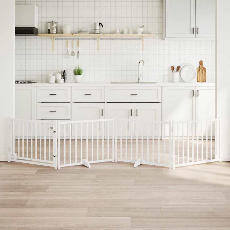 Petshop - Accesorii petshop - Culcusuri si custi - Custi interior si exterior - Poarta caini pliabila cu usa 4 panouri, alb, 320 cm, lemn brad, mărime 80x60x2 cm - Infinity.ro