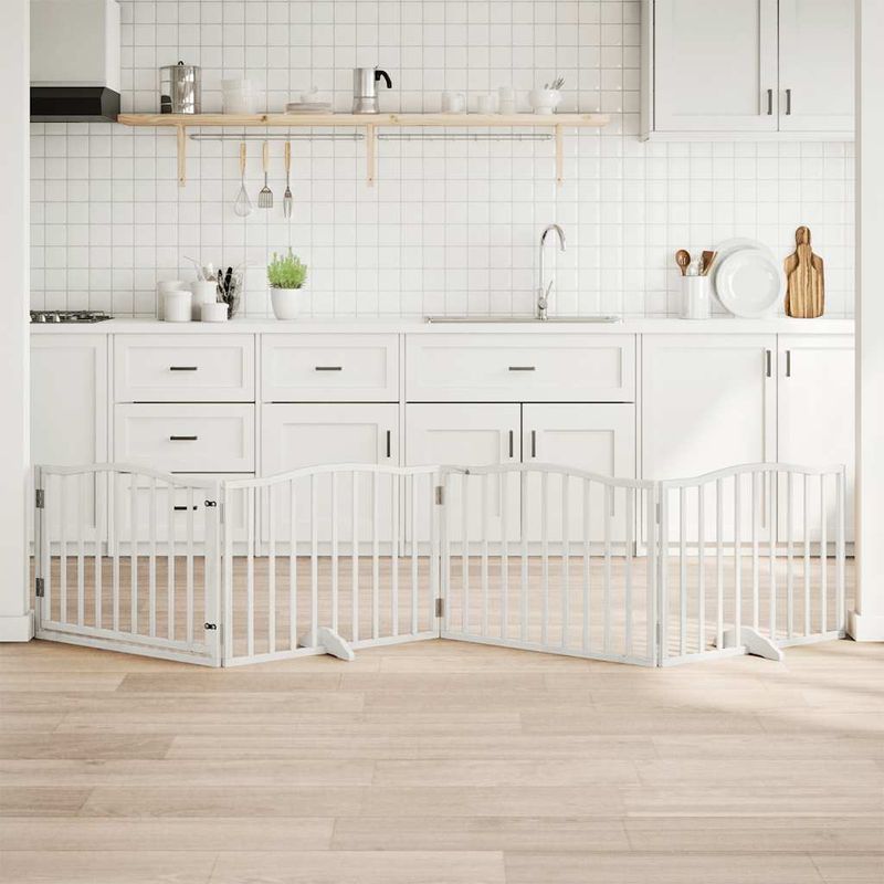 Petshop - Accesorii petshop - Culcusuri si custi - Custi interior si exterior - Poarta caini pliabila cu usa, 4 panouri, alb, 320 cm, lemn plop - Infinity.ro