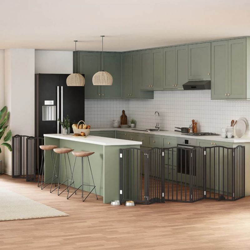 Petshop - Accesorii petshop - Culcusuri si custi - Custi interior si exterior - Poarta caini pliabila cu usa 12 panouri negru 600 cm, lemn plop - Infinity.ro