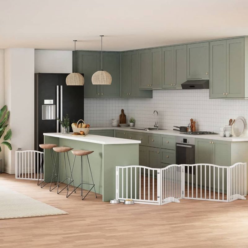 Petshop - Accesorii petshop - Culcusuri si custi - Custi interior si exterior - Poarta caini pliabila cu usa, 6 panouri, alb, 480 cm, lemn plop - Infinity.ro