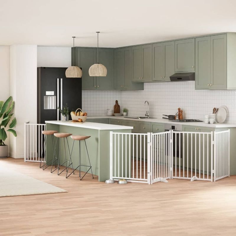 Petshop - Accesorii petshop - Culcusuri si custi - Custi interior si exterior - Poarta caini pliabila cu usa, 6 panouri, alb, 480 cm, lemn plop - Infinity.ro