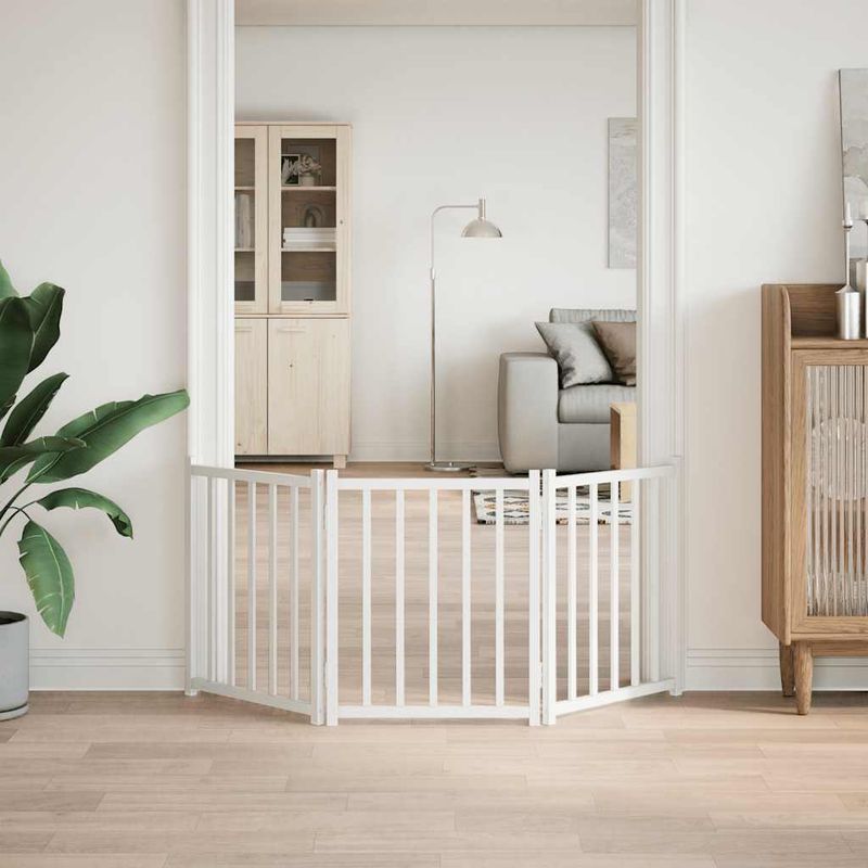 Petshop - Accesorii petshop - Culcusuri si custi - Custi interior si exterior - Poarta pentru caini pliabila 3 panouri, alb, 150 cm, lemn brad, mărime 50x60x2 cm - Infinity.ro