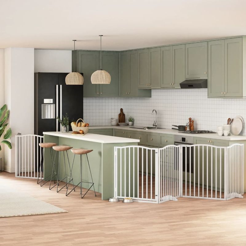 Petshop - Accesorii petshop - Culcusuri si custi - Custi interior si exterior - Poarta caini pliabila cu usa, 6 panouri, alb, 480 cm, lemn plop - Infinity.ro