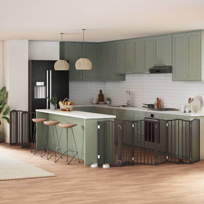 Petshop - Accesorii petshop - Culcusuri si custi - Custi interior si exterior - Poarta caini pliabila cu usa 15 panouri negru 750 cm, lemn plop - Infinity.ro