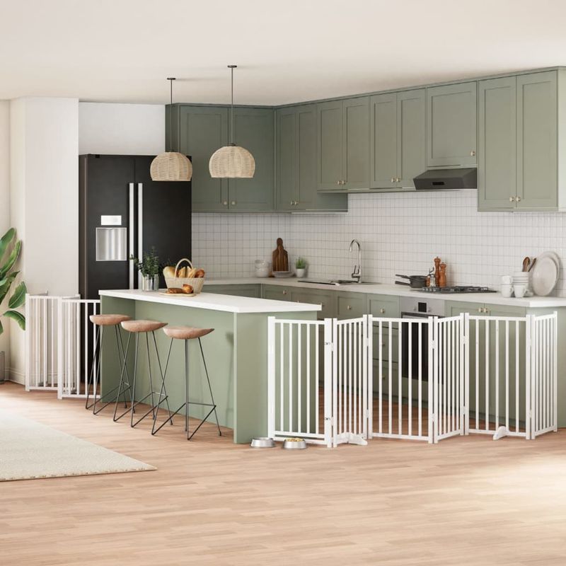 Petshop - Accesorii petshop - Culcusuri si custi - Custi interior si exterior - Poarta caini pliabila cu usa 12 panouri, alb, 600 cm, lemn plop - Infinity.ro