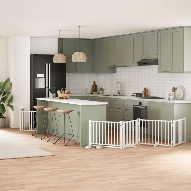 Petshop - Accesorii petshop - Culcusuri si custi - Custi interior si exterior - Poarta caini pliabila cu usa 8 panouri, alb, 640 cm, lemn plop - Infinity.ro