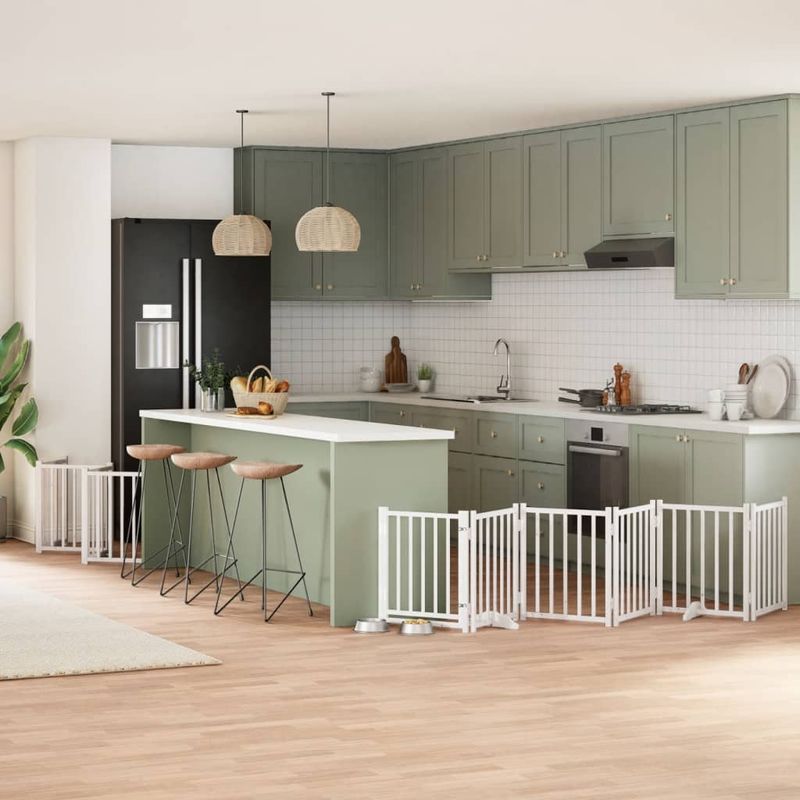 Petshop - Accesorii petshop - Culcusuri si custi - Custi interior si exterior - Poarta caini pliabila cu usa 15 panouri, alb, 750 cm, lemn plop - Infinity.ro