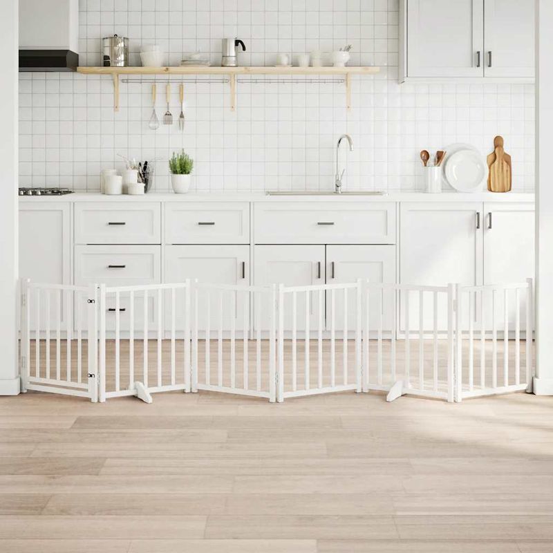 Petshop - Accesorii petshop - Culcusuri si custi - Custi interior si exterior - Poarta caini pliabila cu usa, 6 panouri, alb, 300 cm, lemn brad, mărime 50x60x2 cm - Infinity.ro