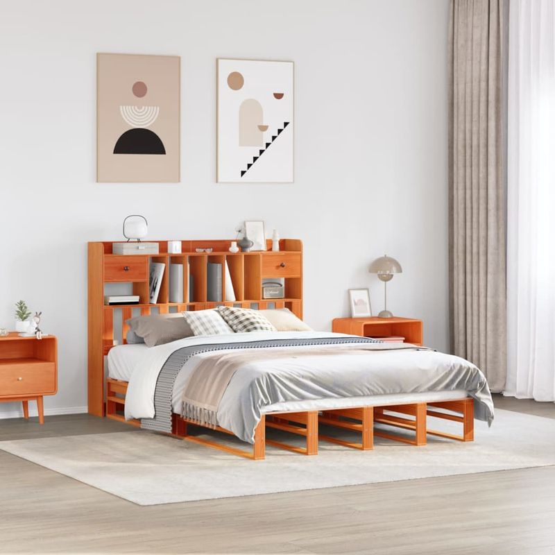 Casa si Gradina - Mobilier - Paturi si accesorii - Paturi - Pat cu biblioteca fara saltea maro 140x190 cm lemn masiv de pin - Infinity.ro