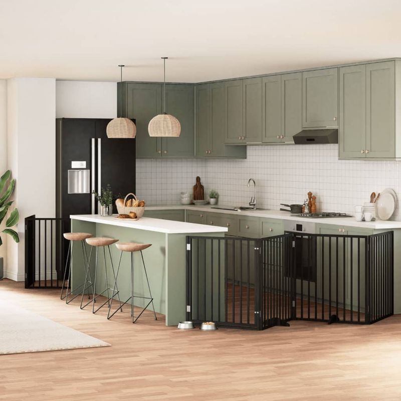 Petshop - Accesorii petshop - Culcusuri si custi - Custi interior si exterior - Poarta caini pliabila cu usa 6 panouri negru, 480 cm, lemn plop - Infinity.ro