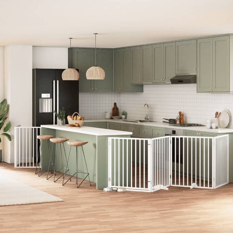 Petshop - Accesorii petshop - Culcusuri si custi - Custi interior si exterior - Poarta caini pliabila cu usa 10 panouri, alb, 800 cm, lemn plop - Infinity.ro