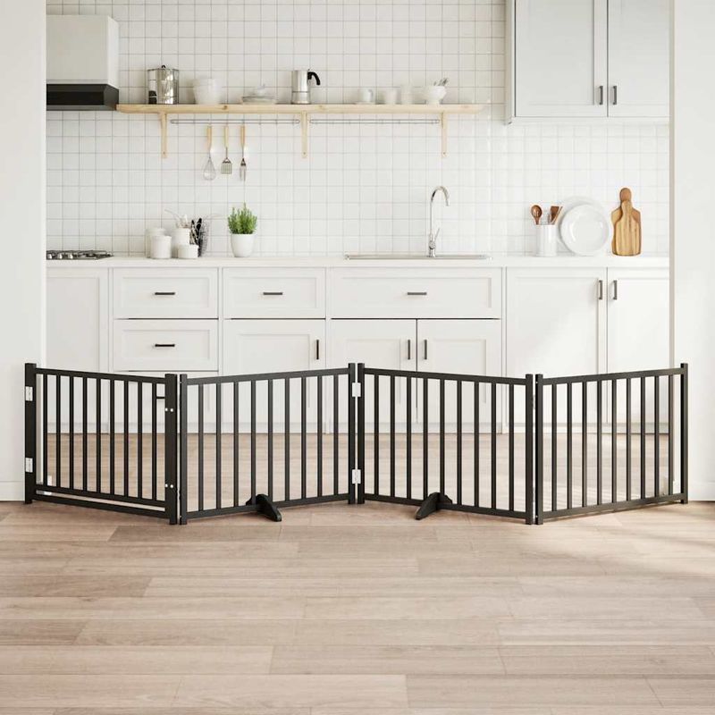 Petshop - Accesorii petshop - Culcusuri si custi - Custi interior si exterior - Poarta caini pliabila cu usa 4 panouri negru, 320 cm, lemn brad, mărime 80x60x2 cm - Infinity.ro