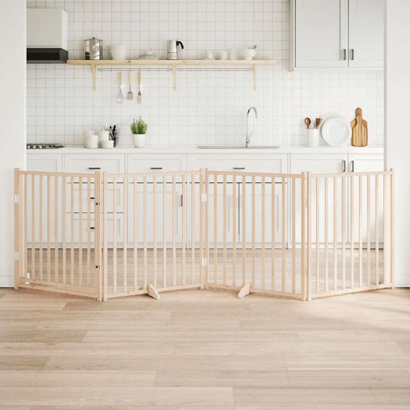 Petshop - Accesorii petshop - Culcusuri si custi - Custi interior si exterior - Poarta caini pliabila cu usa 4 panouri, 320 cm, lemn masiv brad, mărime 80x90x2 cm - Infinity.ro