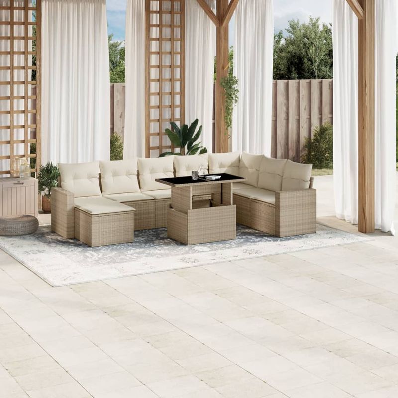 Casa si Gradina - Gradina si terasa - Mobilier exterior - Seturi mobila gradina - Set canapele de gradina, 9 piese, cu perne, bej, poliratan - Infinity.ro