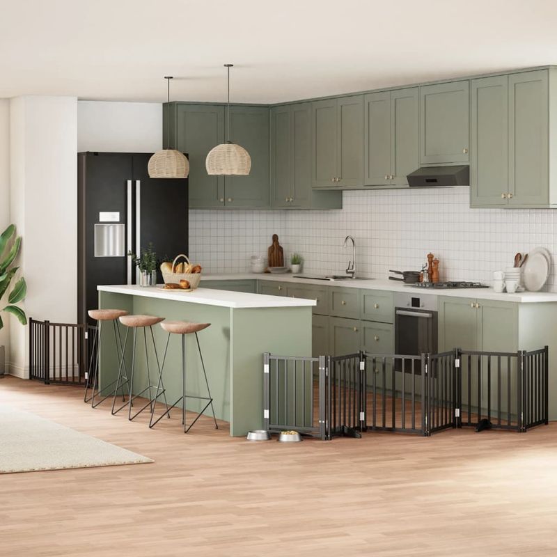 Petshop - Accesorii petshop - Culcusuri si custi - Custi interior si exterior - Poarta caini pliabila cu usa 9 panouri negru, 450 cm, lemn plop - Infinity.ro