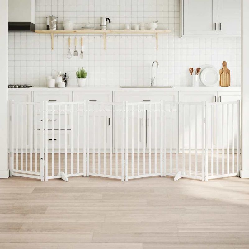 Petshop - Accesorii petshop - Culcusuri si custi - Custi interior si exterior - Poarta caini pliabila cu usa, 6 panouri, alb, 300 cm, lemn brad, mărime 50x90x2 cm - Infinity.ro