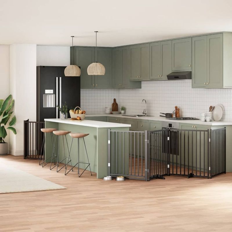 Petshop - Accesorii petshop - Culcusuri si custi - Custi interior si exterior - Poarta caini pliabila cu usa 8 panouri negru 640 cm, lemn plop - Infinity.ro