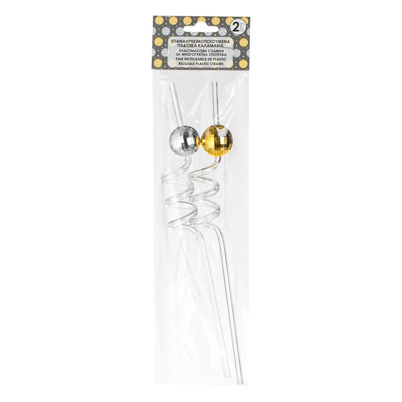 Casa si Gradina - Bucatarie si vesela - Accesorii bar - Paie si decoratiuni cocktail - Set Paie Fancy Reutilizabile Disco Ball, Plastic Transparent, Argintiu si Auriu, Ø6x270mm, 2 Bucati - Infinity.ro