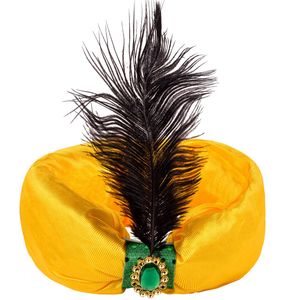 Turban Deghizare Sultan, Galben, Pana Neagra, Piatra Decorativa Galbena, Poliester, Adulti