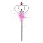 Jucarii, Copii si Bebe - Jucarii si jocuri - Jucarii de rol - Masti si costume copii - Bagheta Argintie Coroana Roz Pene 34cm - Infinity.ro